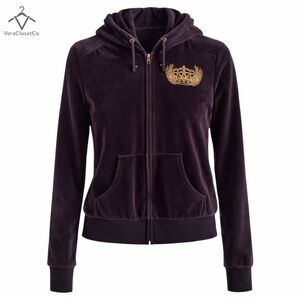 Bershka Black Velour Y2K Zip Hoodie Gold Crown Graphic Streetwear Size M